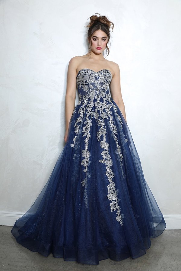 Blue floral ball gown best sale